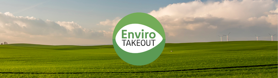 field with windmills and a blue sky above with the envirotakeout logo on top