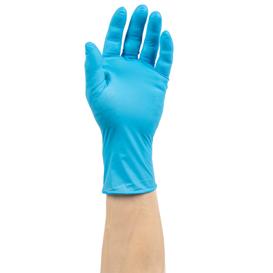 raised hand with a Exam Grade Powder-Free Nitrile Nitra-Med Glove on