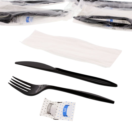 5 Piece Kit Black Medium Weight Fork, Knife, S&P, 12" x 13" Napkin
