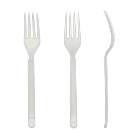 Three Heavy Weight White Polypropylene unwrapped Forks from various angles