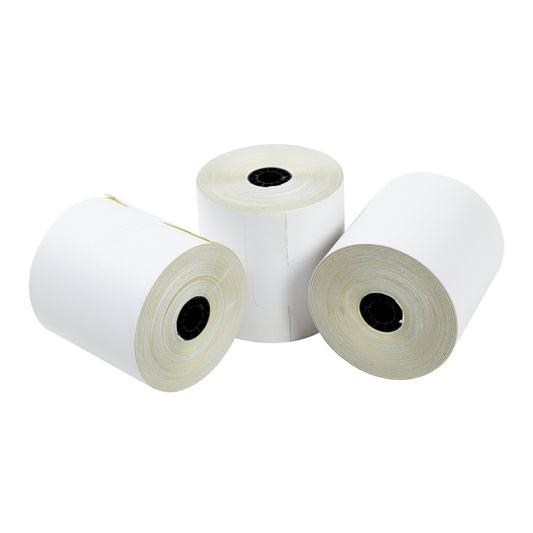Three 3" x 90' 2 ply carbonless paper rolls