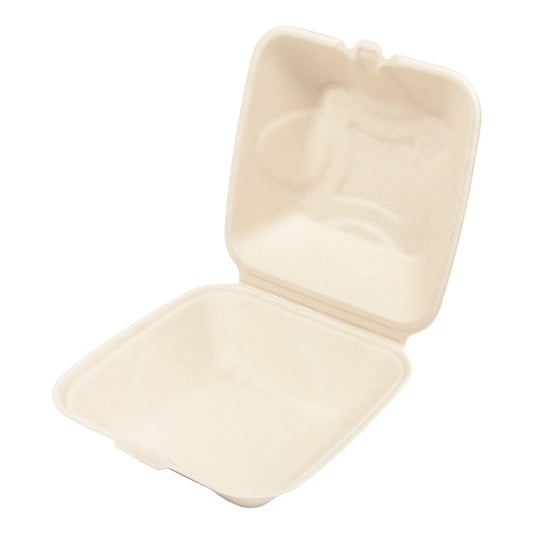 6" x 6" no added pfas molded fiber hinged lid container open ajar