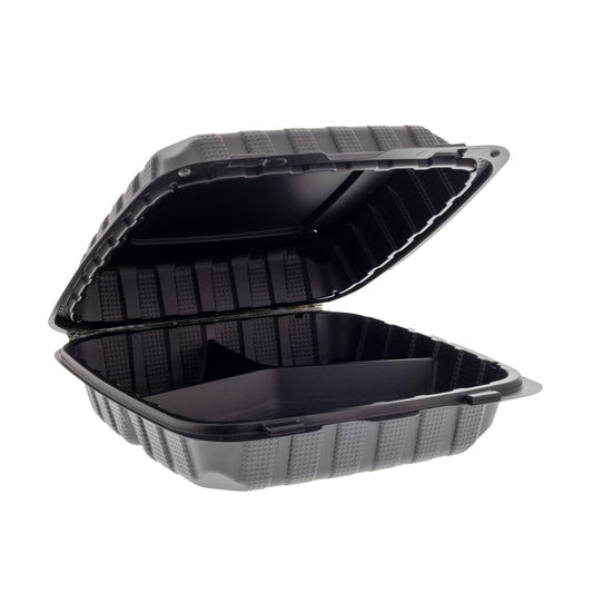 9" x 9" x 3" Lightweight Mineral Filled PP Vented 3-Section Container with Hinged Lid, Black open ajar