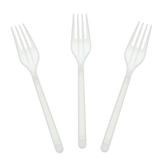 Three Medium Heavy Weight White Polypropylene Forks set out flat
