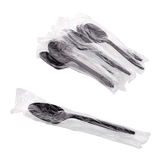 AmerCareRoyal Take-Out/Dine-In/Disposable Cutlery And Utensils/Disposable Cutlery/Disposable Spoons Medium Weight Black Polypropylene Individually Wrapped Teaspoons, Case of 1,000