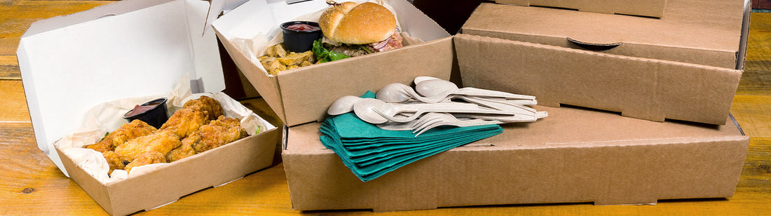 4 different sizes of cardboard takeout boxes