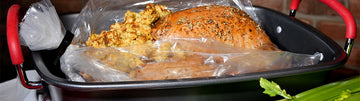 Turkey in a roasting pan with a high heat oven pan liner