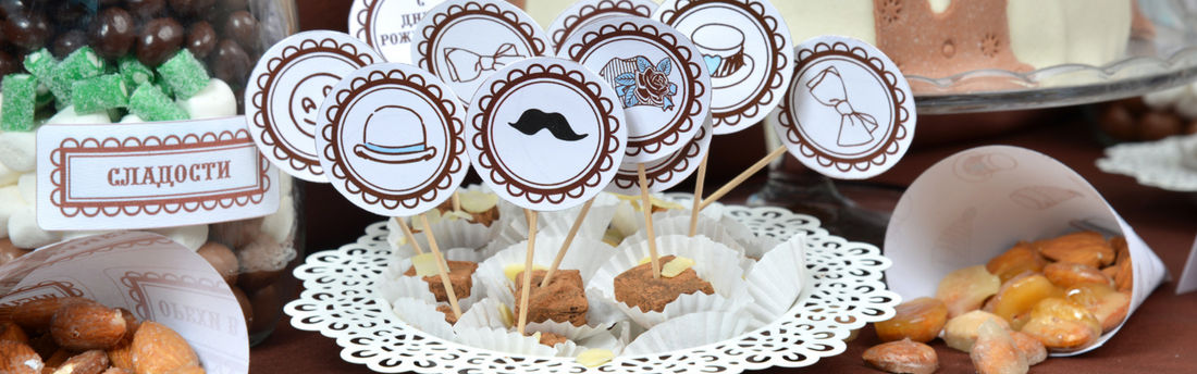 bakery display with food picks and doilies