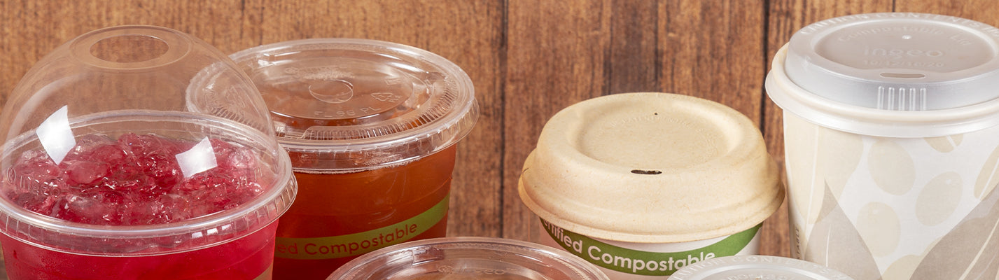 a medley of primeware compostable cups, some clear PLA, some paper