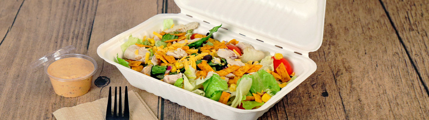 9" x 6" molded fiber hinged container with salad inside