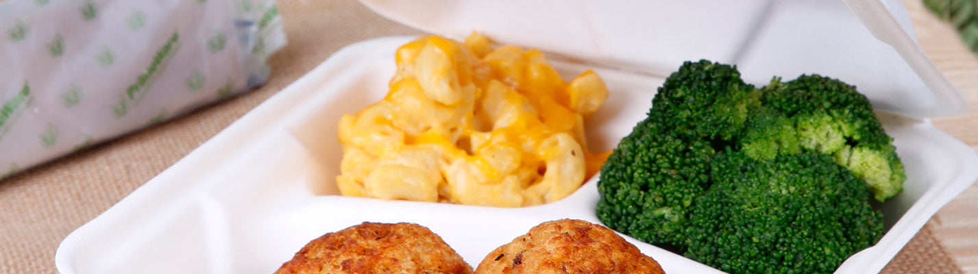 broccoli, mac and cheese and meat in a 3 compartment molded fiber container