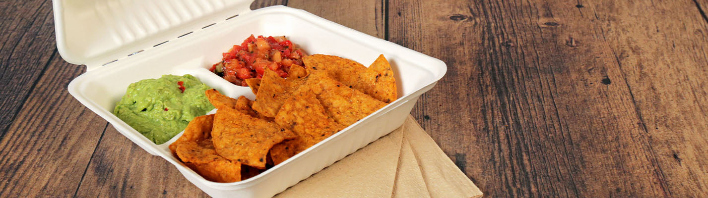 nacho chips, guacamole and salsa in a primeware 3 compartmetn molded fiber container