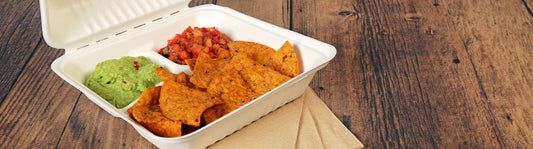 nacho chips, guacamole and salsa in a primeware 3 compartmetn molded fiber container