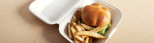 9" x 6" molded fiber hinged container with burger and fries inside