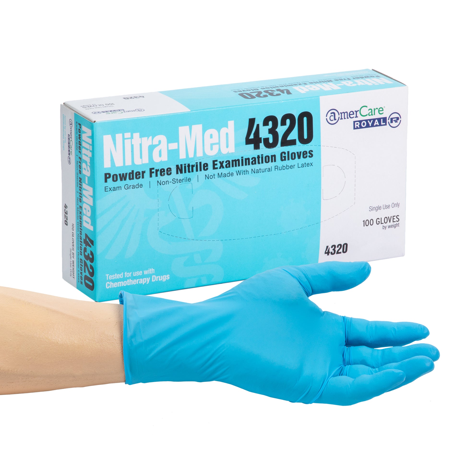 Box of Exam Grade Powder-Free Nitrile Nitra-Med Gloves with a hand wearing one glove in front