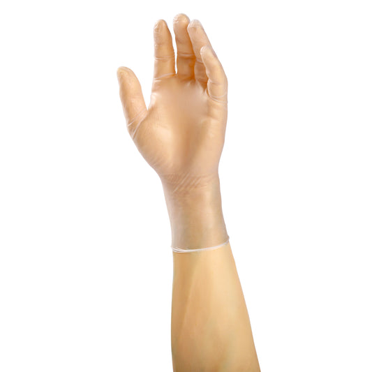 Glove, Exam Grade, Sensi-Flex Vinyl, PF, Small on hand.