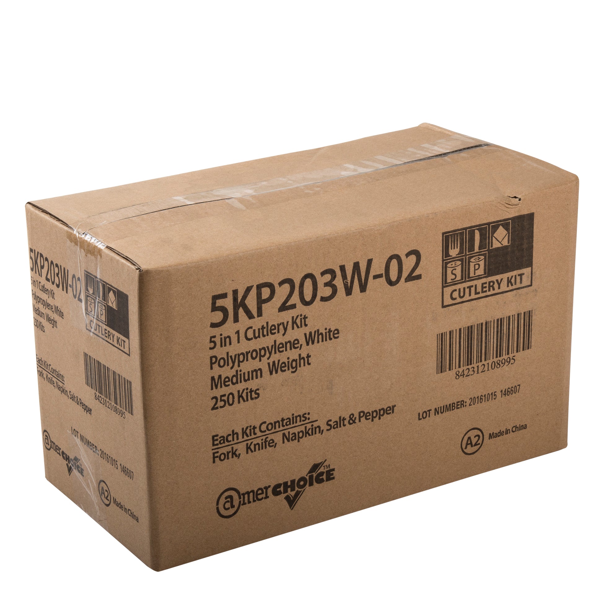 5 Piece Kit White Medium Weight Fork-Knife-S&P-12" x 13" Napkin, Case of 250