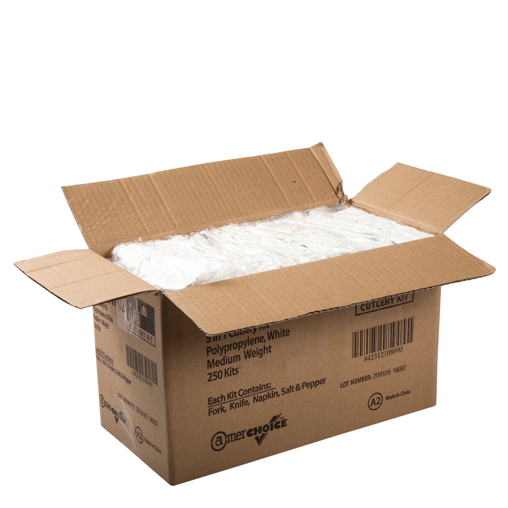5 Piece Kit White Medium Weight Fork-Knife-S&P-12" x 13" Napkin, Case of 250