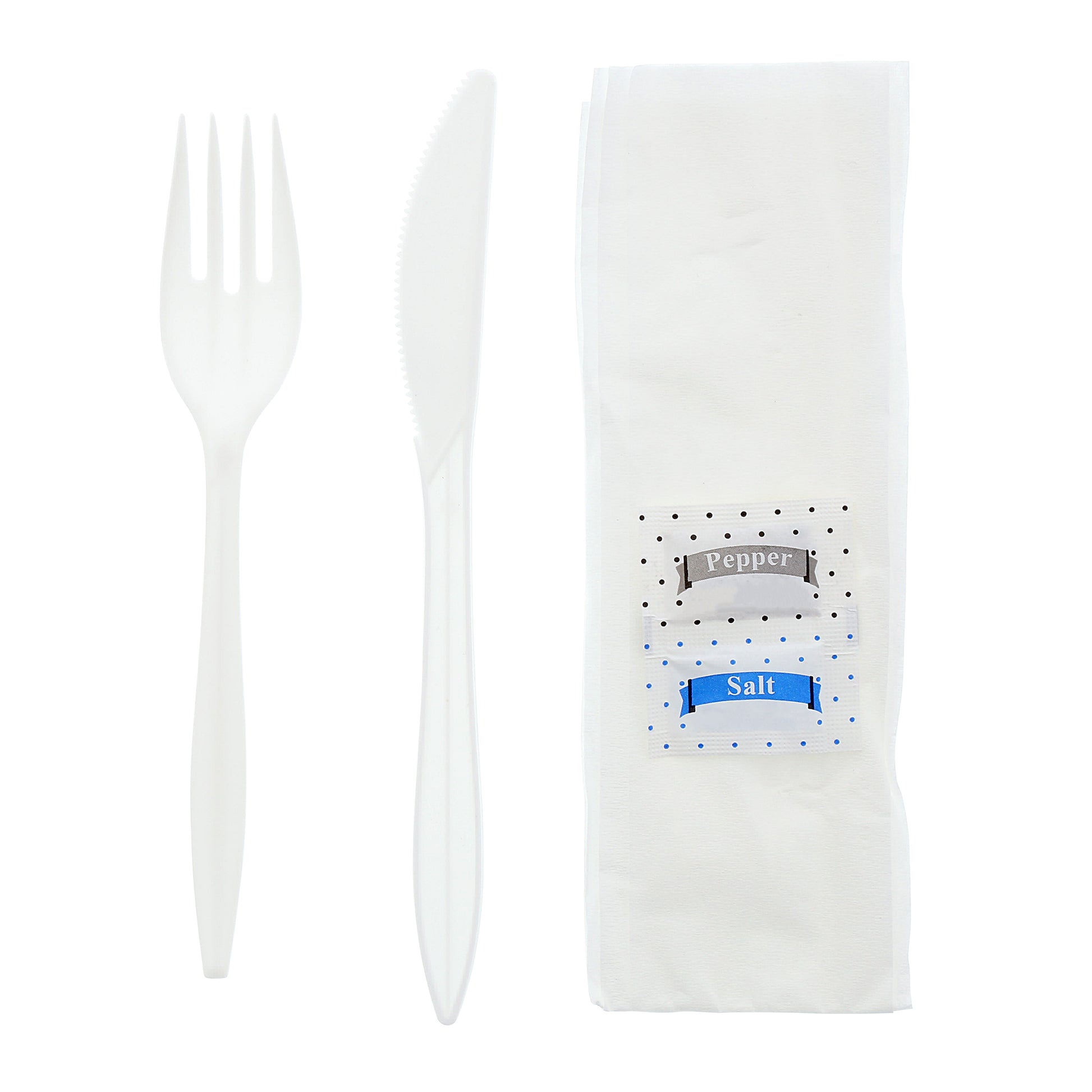 5 Piece Kit White Medium Weight Fork-Knife-S&P-12" x 13" Napkin, Case of 250