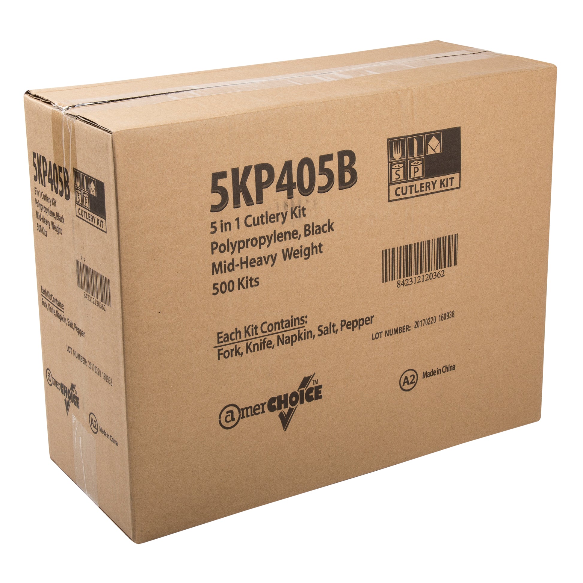 5 Piece Kit Black Medium Heavy Fork-Knife-13" x 17" Napkin-Salt & Pepper, Case of 500