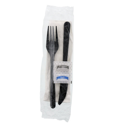 5 Piece Kit Black Medium Heavy Fork-Knife-13" x 17" Napkin-Salt & Pepper, Case of 500