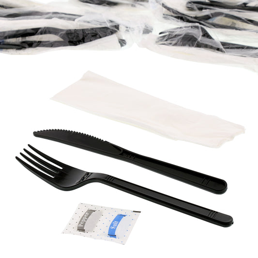5 Piece Kit Black Medium Heavy Fork-Knife-13" x 17" Napkin-Salt & Pepper