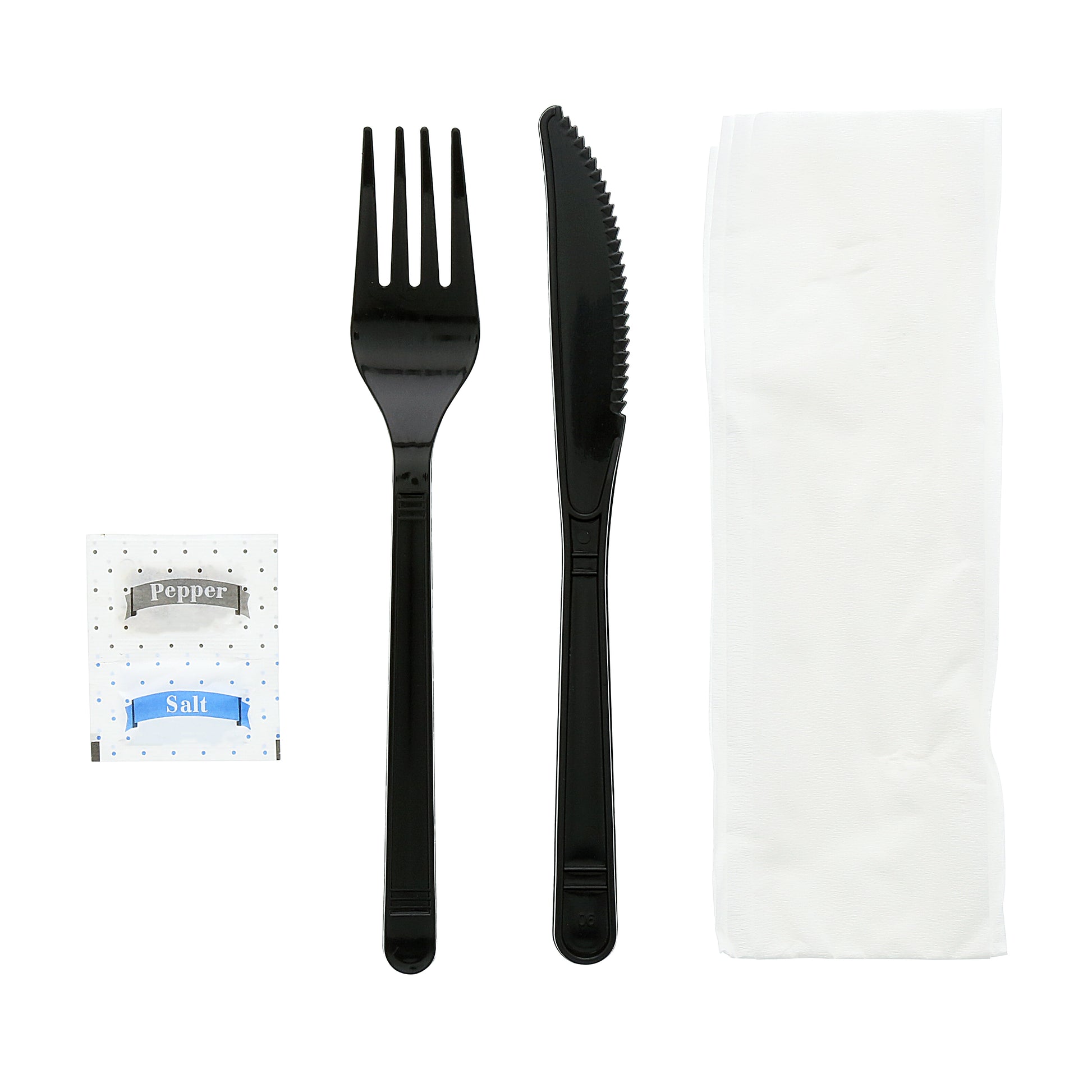 5 Piece Kit Black Medium Heavy Fork-Knife-13" x 17" Napkin-Salt & Pepper, Case of 500