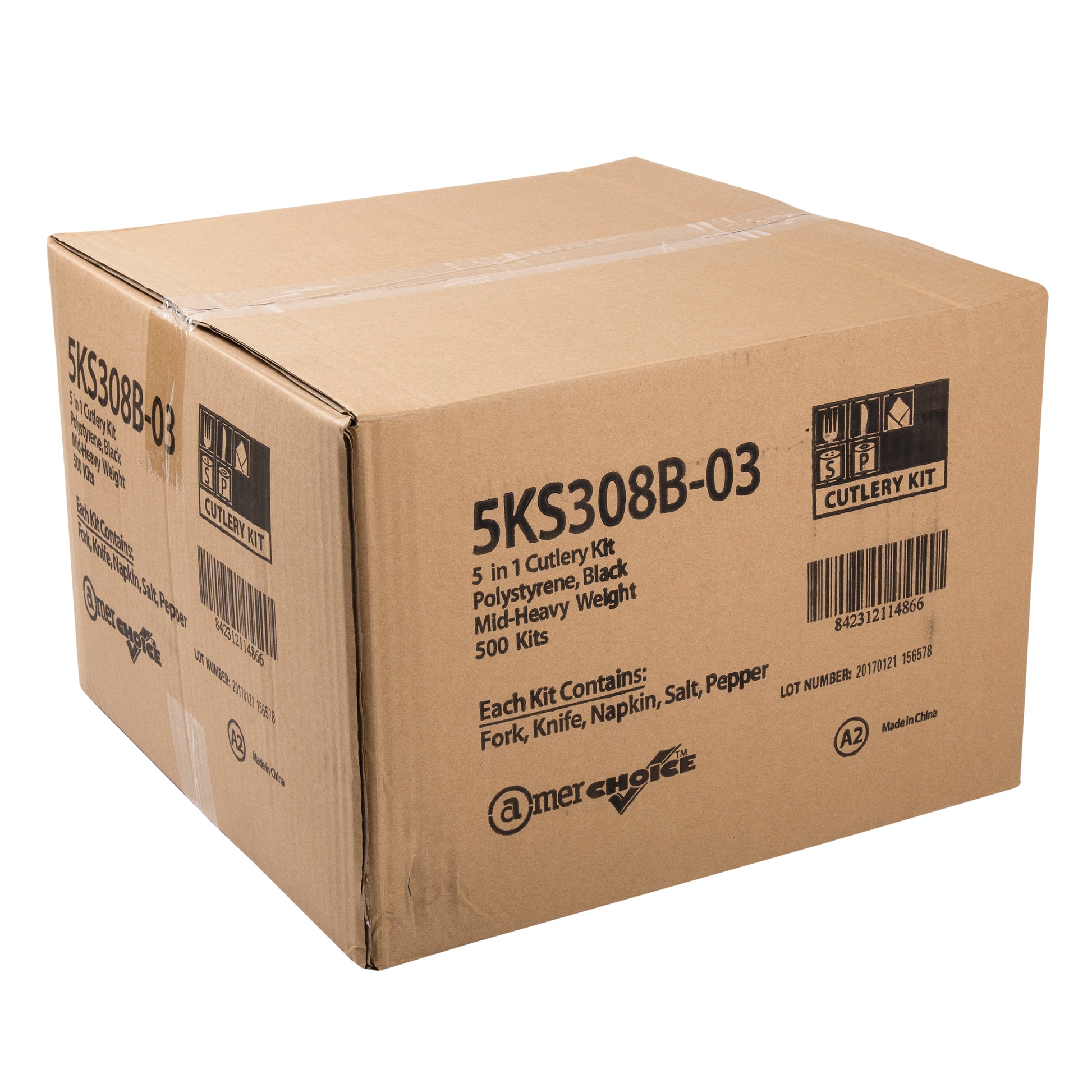 5 Piece Kit Black Medium Heavy Weight Fork-Knife-S&P-13" x 17" 2-Ply Napkin, Case of 500