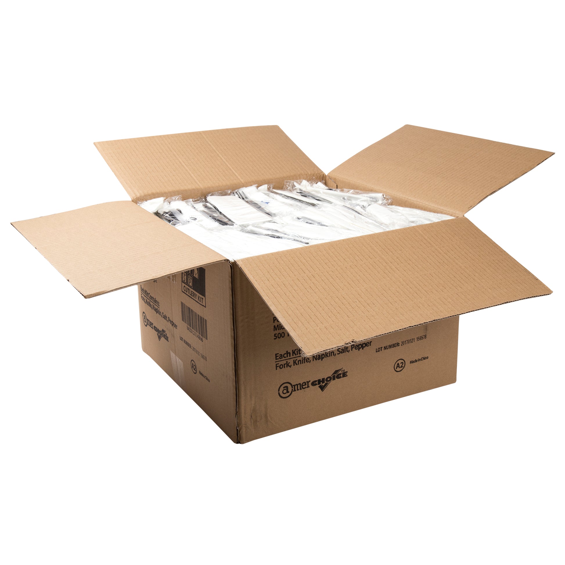 5 Piece Kit Black Medium Heavy Weight Fork-Knife-S&P-13" x 17" 2-Ply Napkin, Case of 500
