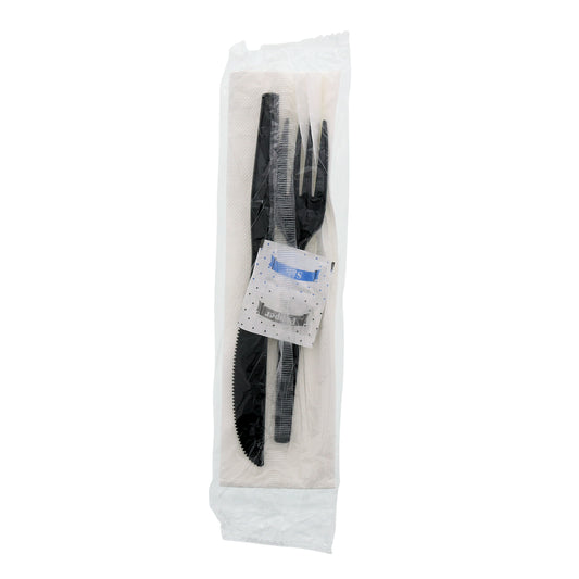 5 Piece Kit Black Medium Heavy Weight Fork-Knife-S&P-13" x 17" 2-Ply Napkin, Case of 500
