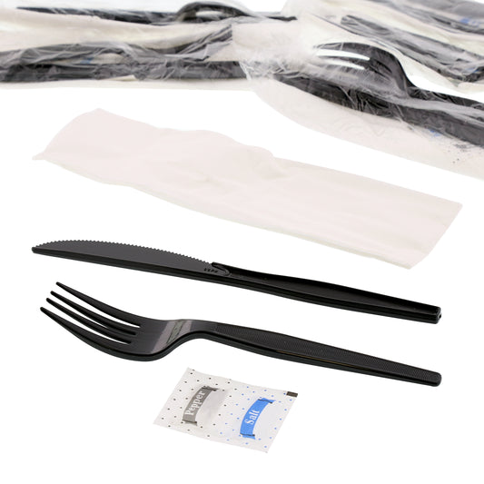 5 Piece Kit Black Medium Heavy Weight Fork-Knife-S&P-13" x 17" 2-Ply Napkin