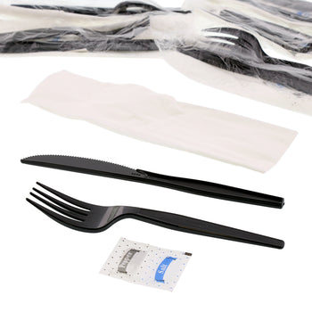 5 Piece Kit Black Medium Heavy Weight Fork-Knife-S&P-13" x 17" 2-Ply Napkin