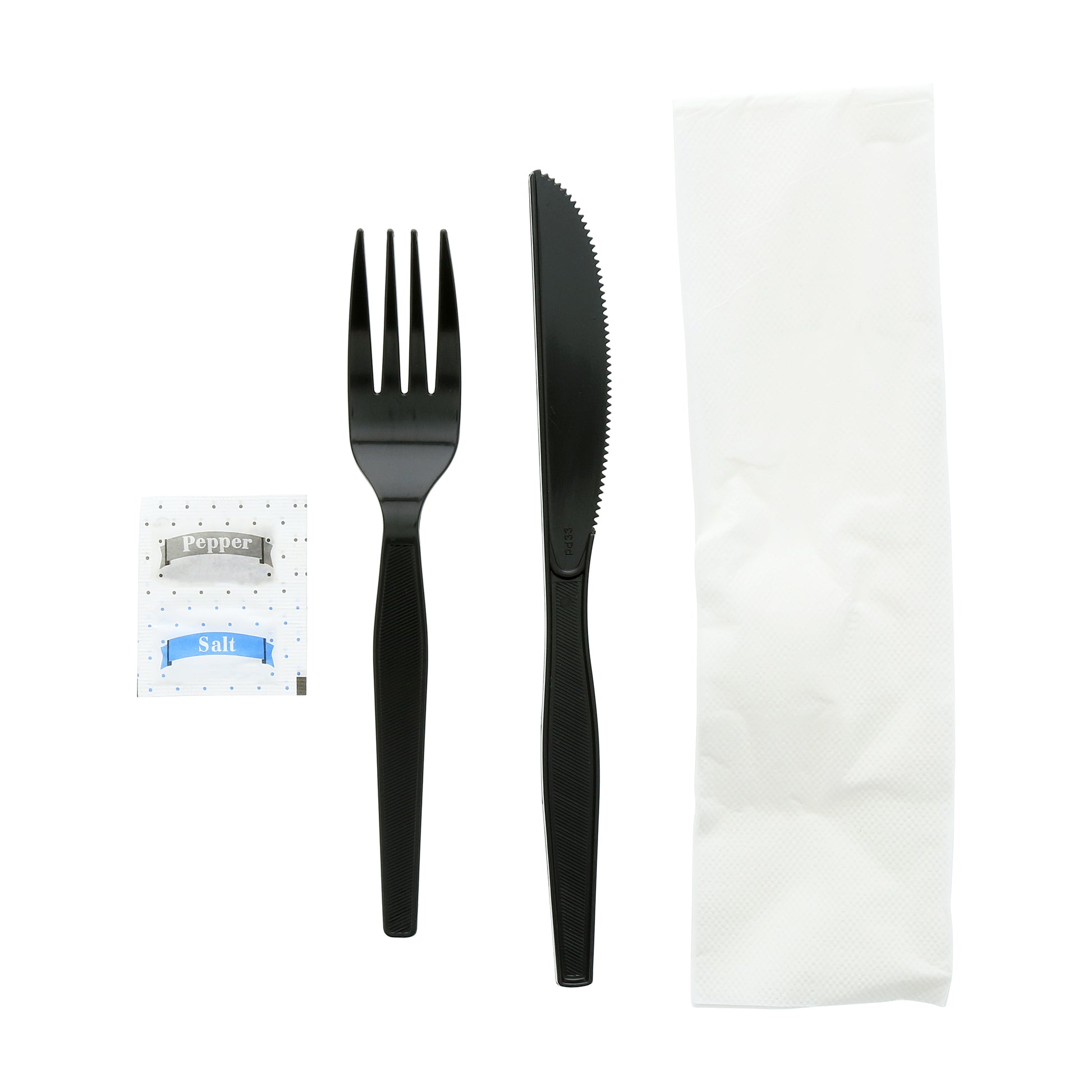 5 Piece Kit Black Medium Heavy Weight Fork-Knife-S&P-13" x 17" 2-Ply Napkin, Case of 500
