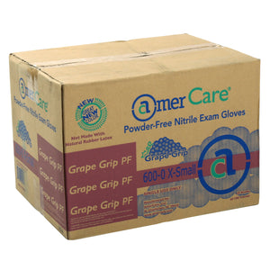 Grape Grip Nitrile Gloves, Exam Grade, Powder-Free, X-Small in closed cased.