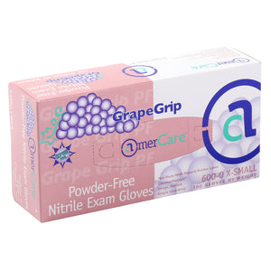 Grape Grip Nitrile Gloves, Exam Grade, Powder-Free, X-Small box standing.