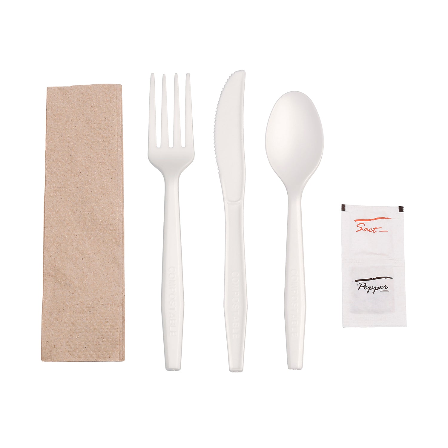 White Heavy CPLA Meal Kits Fork-Spoon-Knife-13" x 13" Napkin-S&P - unwrapped