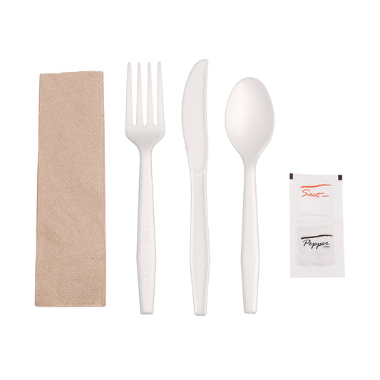 White Heavy CPLA Meal Kits Fork-Spoon-Knife-13" x 13" Napkin-S&P - unwrapped
