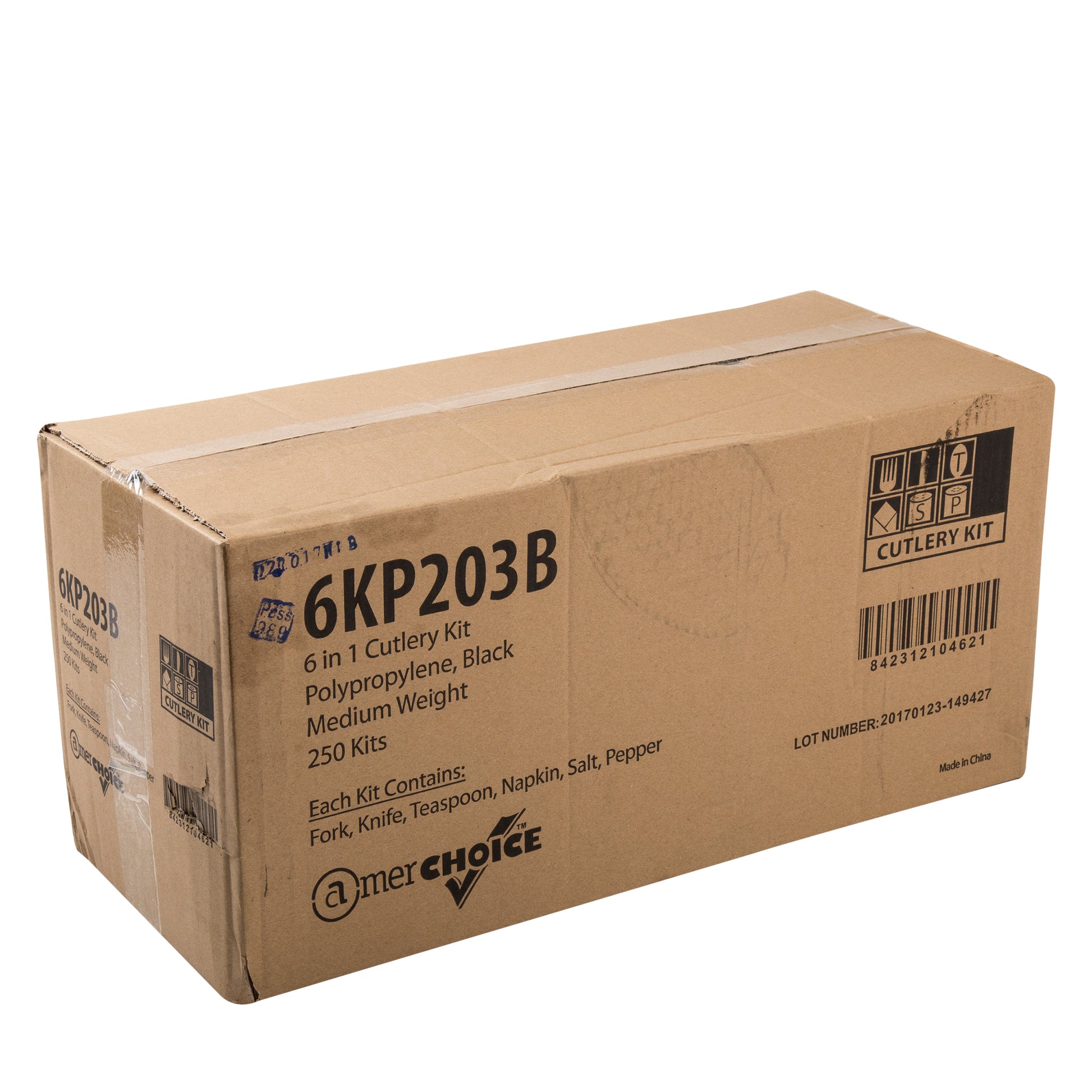 6 Piece Kit Black Medium Weight Fork-Teaspoon-Knife-12" x 13" Napkin-S&P, Case of 250