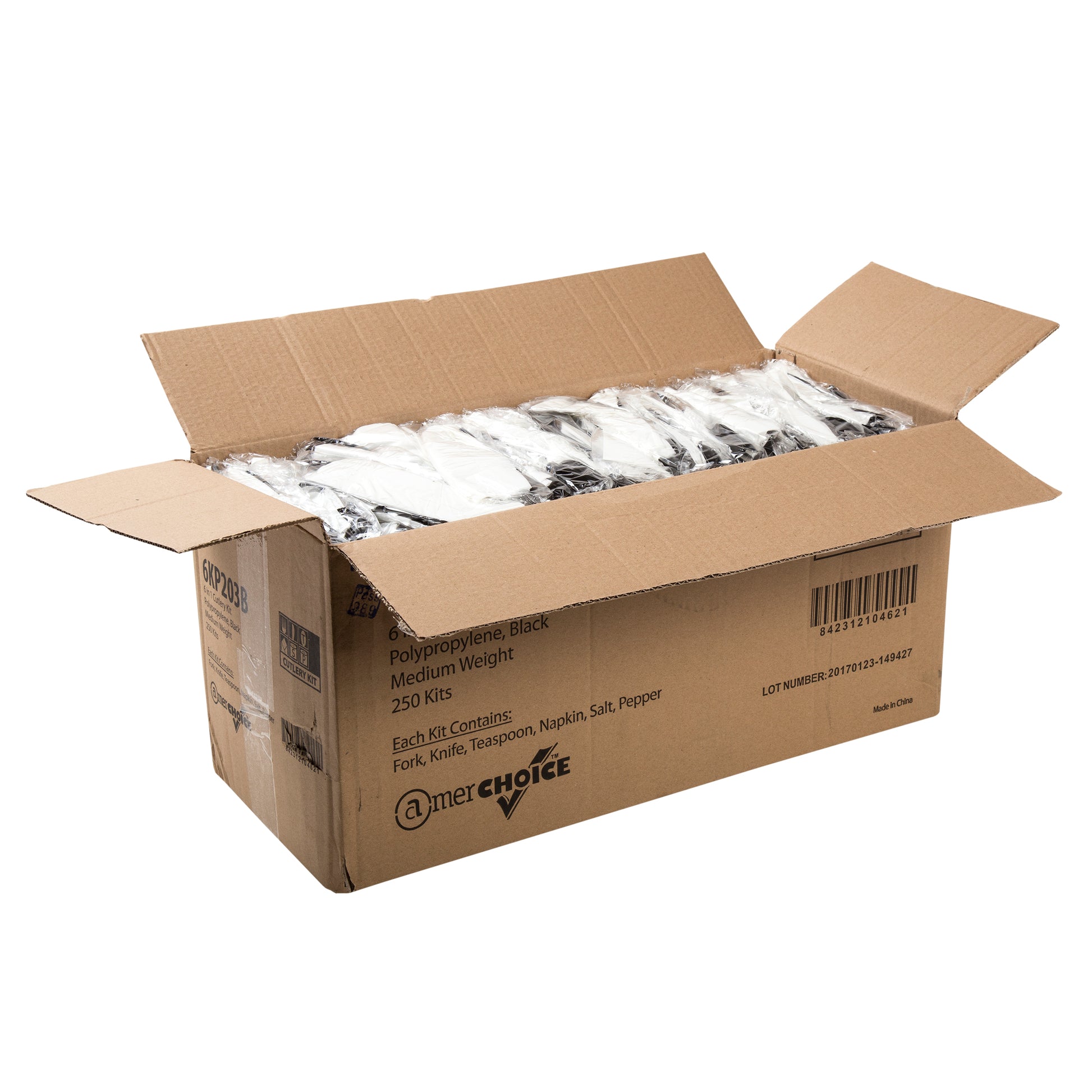 6 Piece Kit Black Medium Weight Fork-Teaspoon-Knife-12" x 13" Napkin-S&P, Case of 250