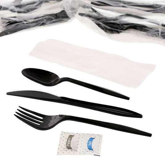 6 Piece Kit Black Medium Weight Fork-Teaspoon-Knife-12" x 13" Napkin-S&P