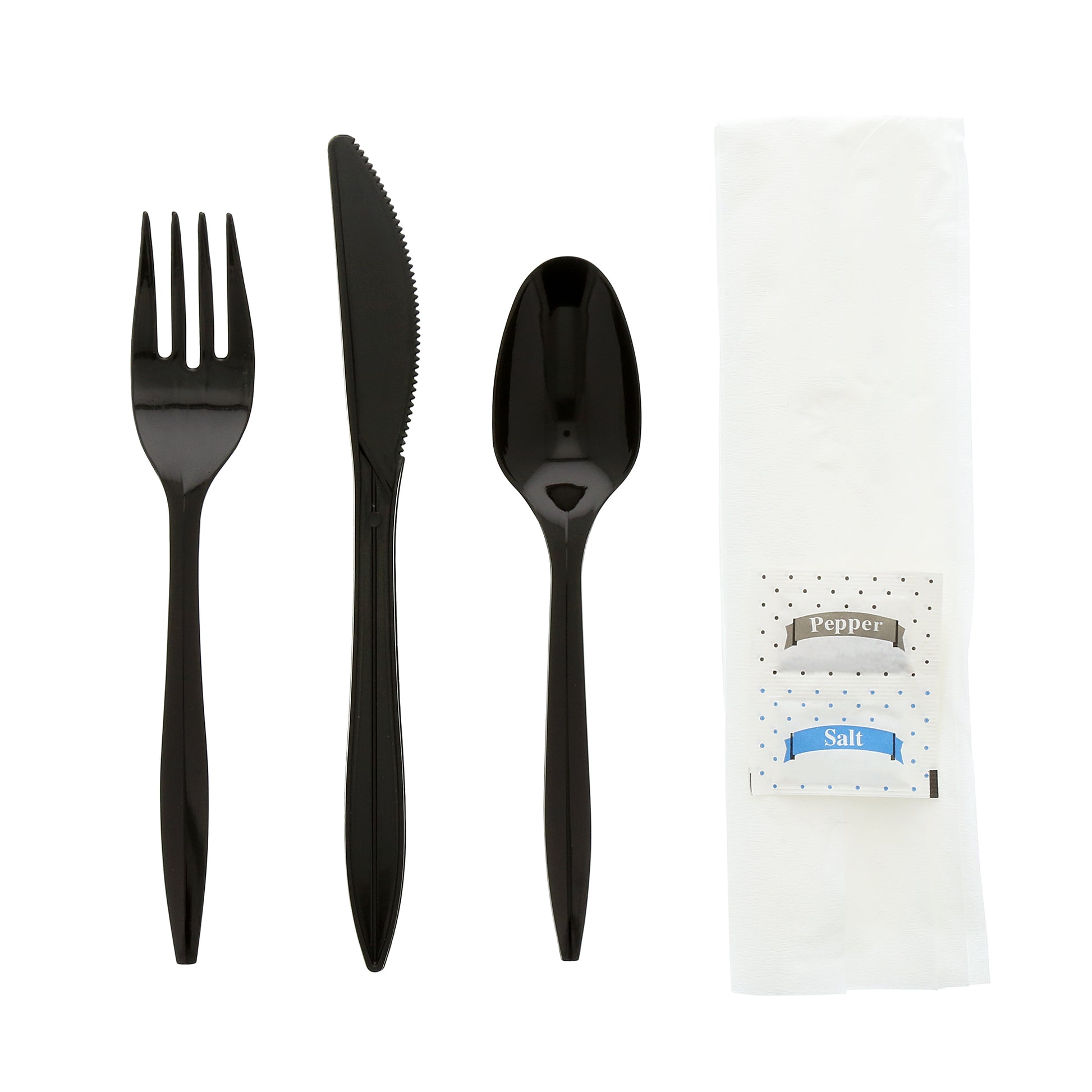 6 Piece Kit Black Medium Weight Fork-Teaspoon-Knife-12" x 13" Napkin-S&P, Case of 250