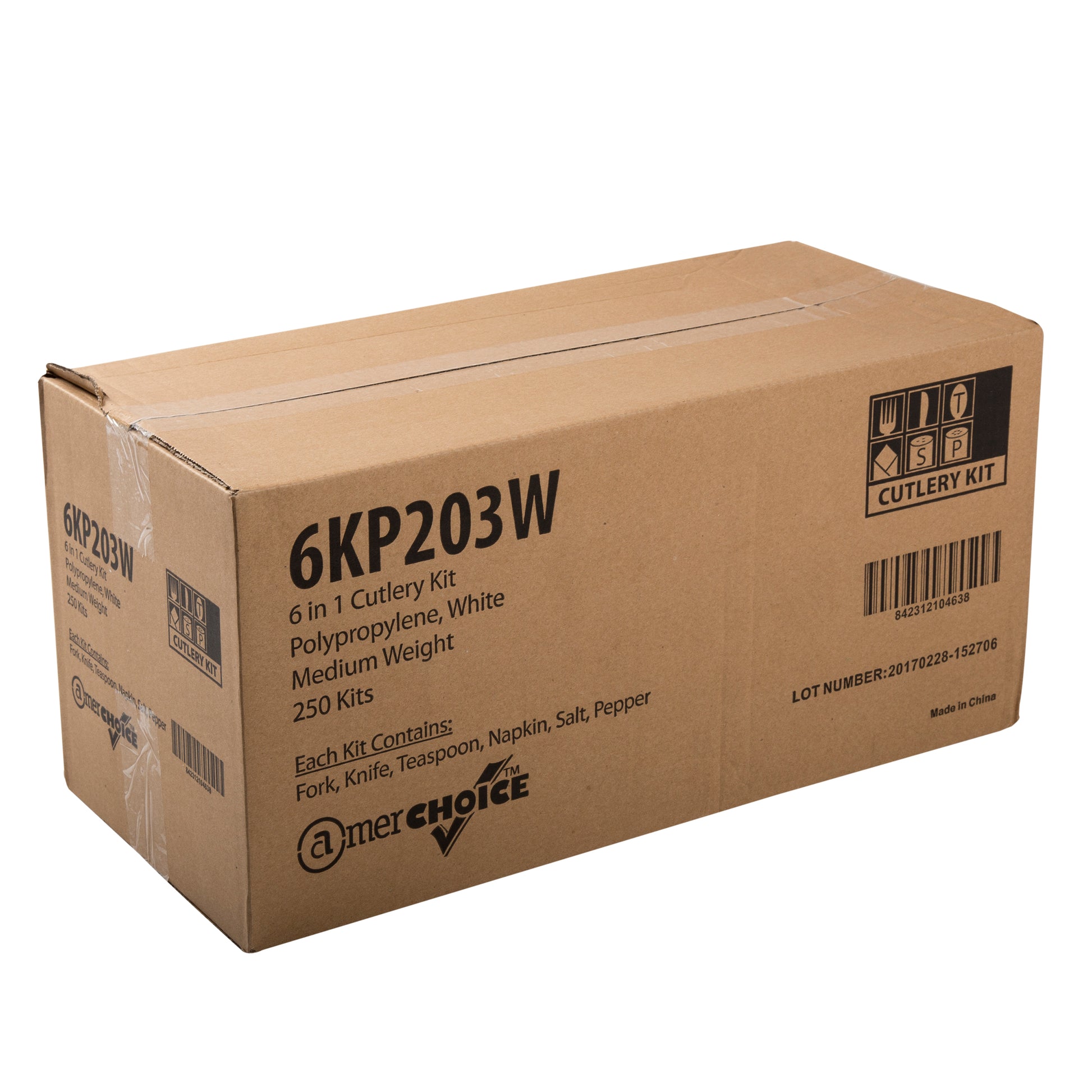 closed case of 6 Piece Kit White Medium Weight Fork-Teaspoon-Knife-12" x 13" Napkin-S&P