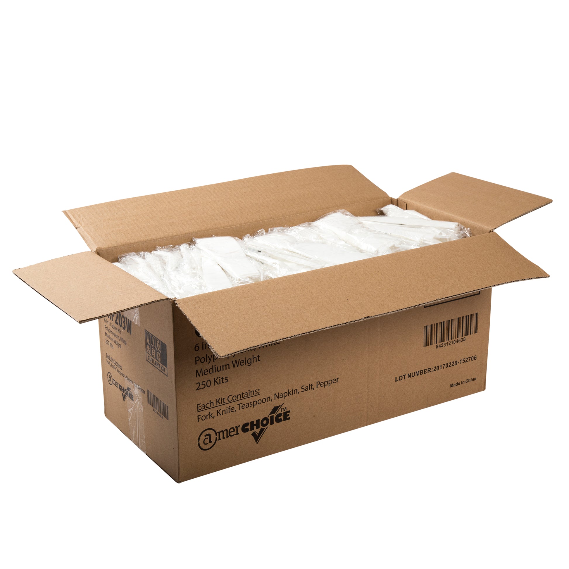 open case of 6 Piece Kit White Medium Weight Fork-Teaspoon-Knife-12" x 13" Napkin-S&P