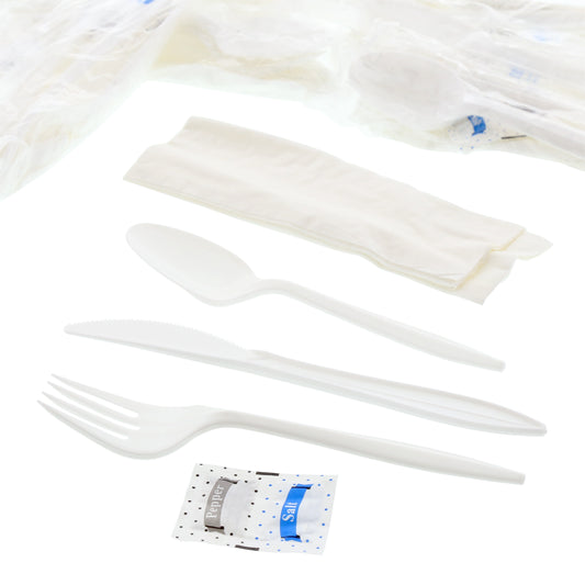6 Piece Kit White Medium Weight Fork-Teaspoon-Knife-12" x 13" Napkin-S&P
