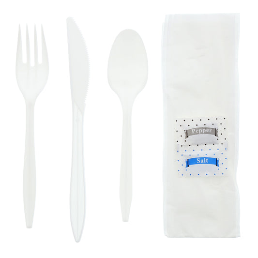 6 Piece Kit White Medium Weight Fork-Teaspoon-Knife-12" x 13" Napkin-S&P