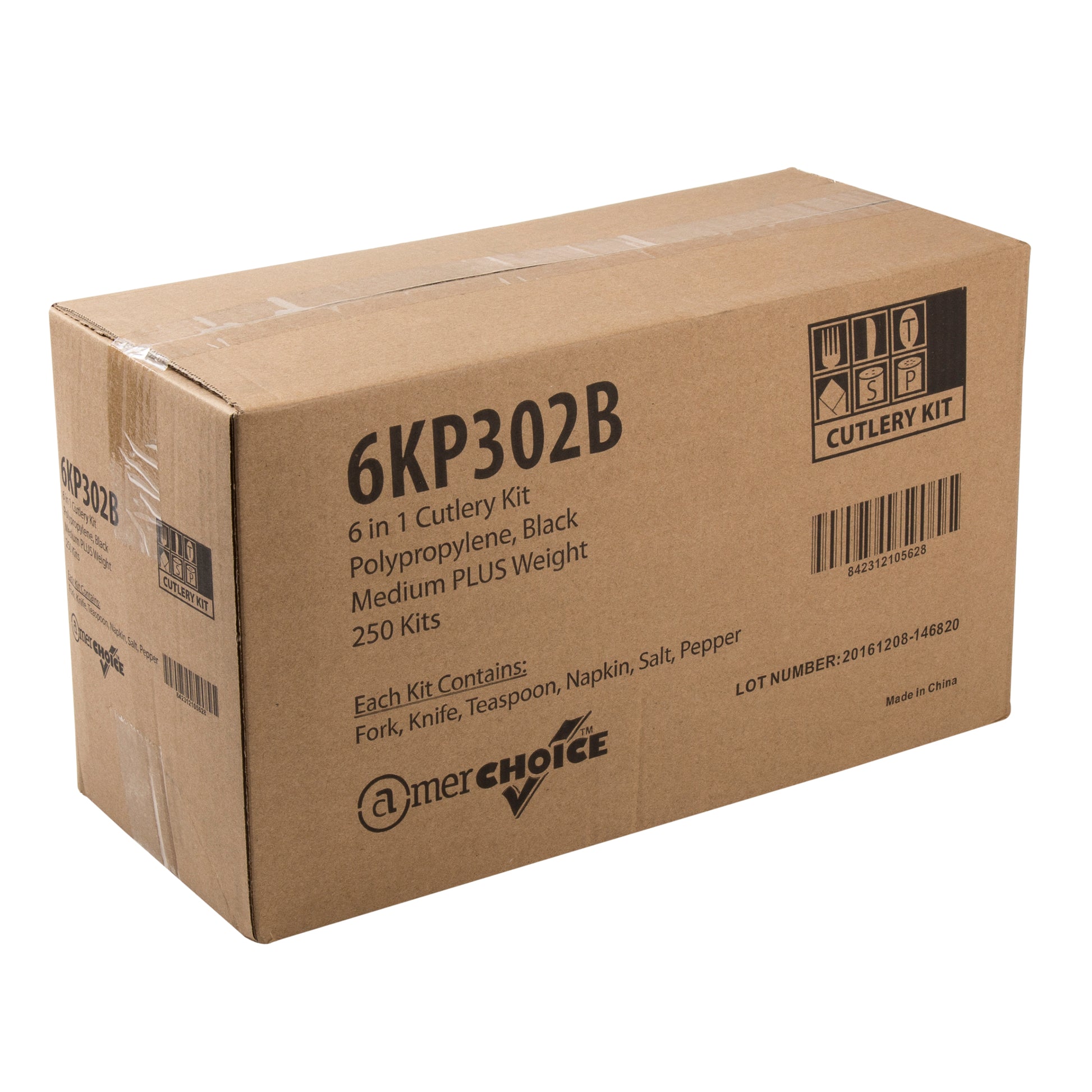 6 Piece Kit Black Medium Plus Weight Fork-Teaspoon-Knife-12" x 13" Napkin-S&P, Case of 250