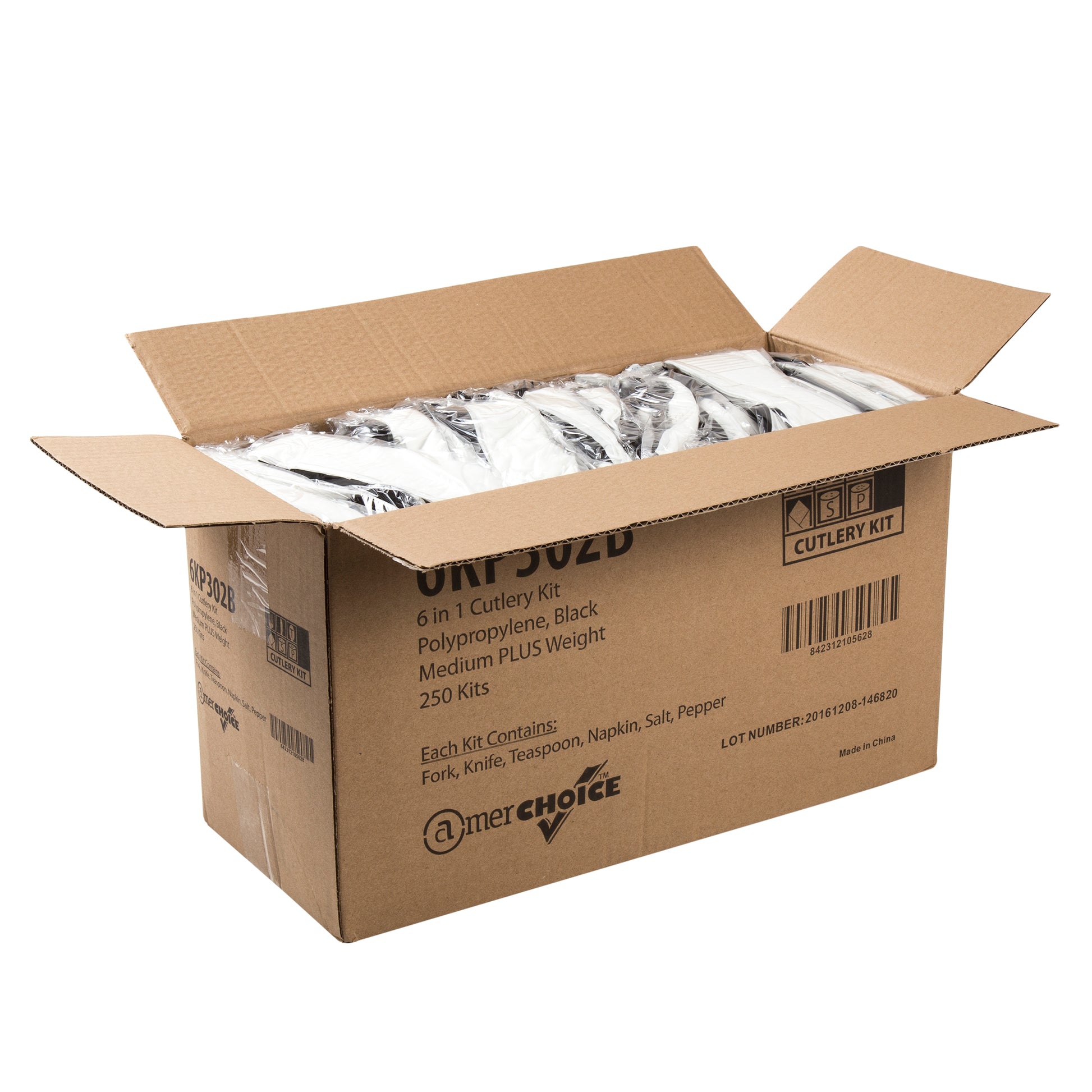 6 Piece Kit Black Medium Plus Weight Fork-Teaspoon-Knife-12" x 13" Napkin-S&P, Case of 250