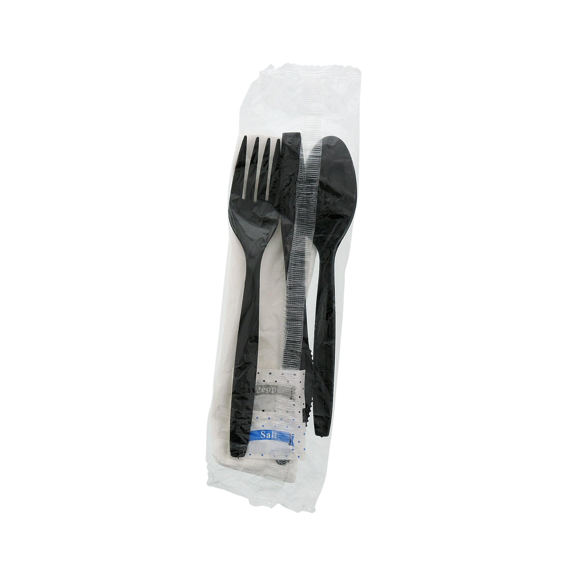6 Piece Kit Black Medium Plus Weight Fork-Teaspoon-Knife-12" x 13" Napkin-S&P, Case of 250