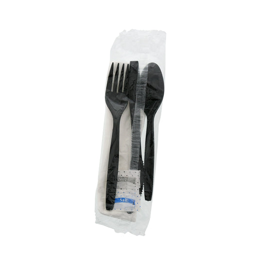6 Piece Kit Black Medium Plus Weight Fork-Teaspoon-Knife-12" x 13" Napkin-S&P, Case of 250