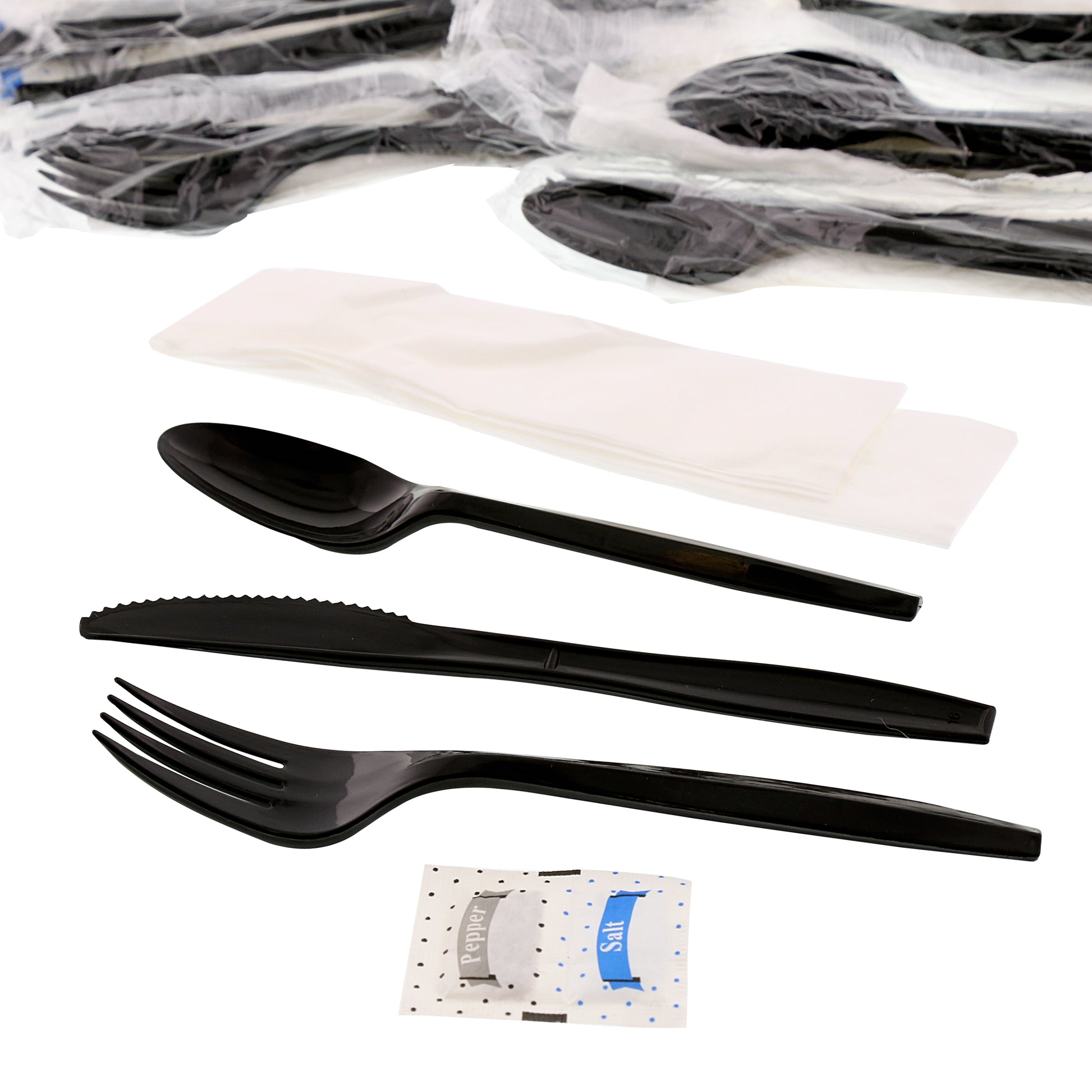 6 Piece Kit Black Medium Plus Weight Fork-Teaspoon-Knife-12" x 13" Napkin-S&P, Case of 250